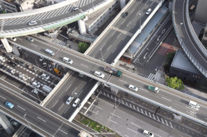 Freeways overlap on one another in this aerial shot of the roads.