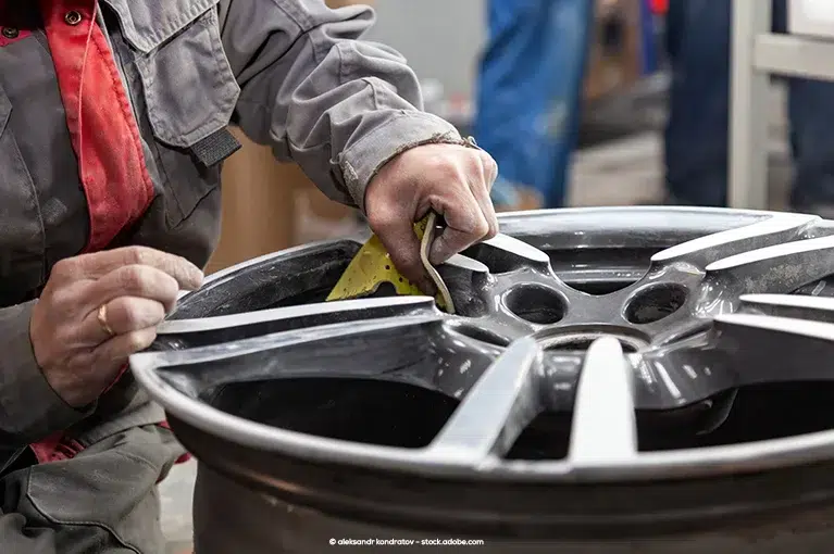 A mechanic fixes a detached wheel rim.