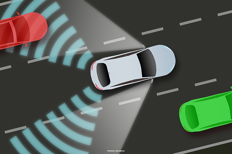 An infographic illustration of a white car using radar sensor systems to detect vehicles to its side and in its blind spots.