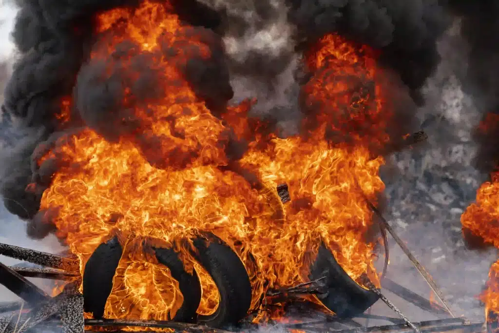 Burning automobile tires