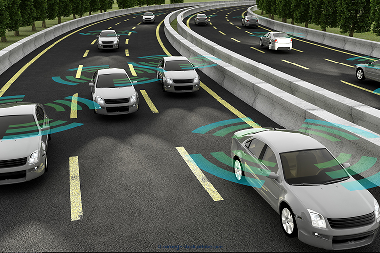 Several white cars use radar systems to detect nearby vehicles on a freeway. A class action lawsuit alleges 2017–2018 Honda CR-V vehicles to be equipped with detect automatic emergency braking systems.