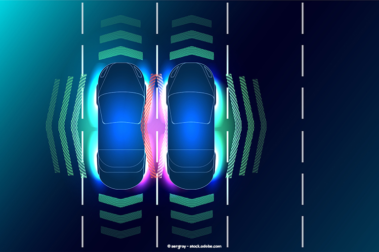 An infographic illustration of two cars (viewed overhead) using radar systems to detect each other, as well as anything else around them.