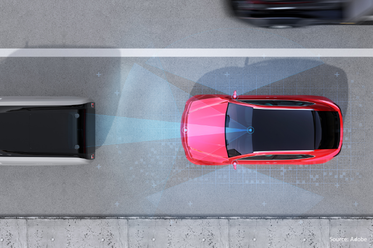 A red car uses a radar system to detect a minivan in front of it. Nissan allegedly knew about AEB issues in 2017–2018 Nissan Rogue vehicles but took little action to resolve them.