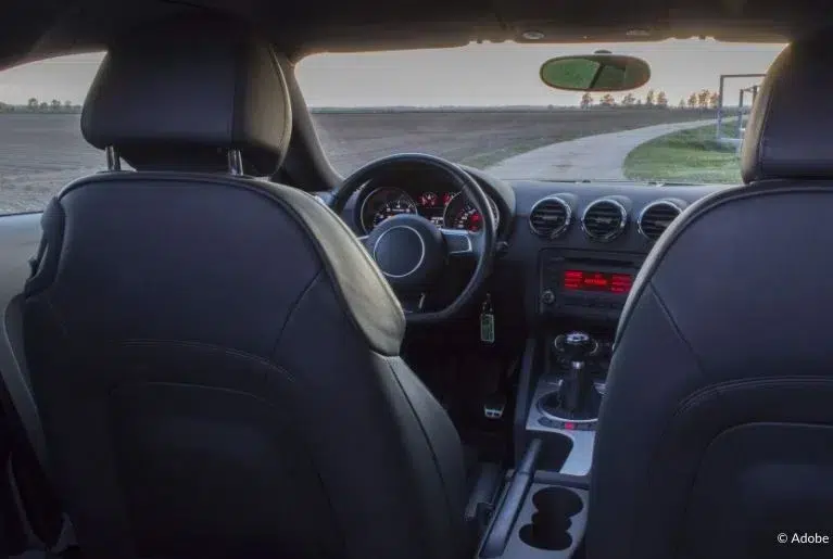 From the view of the backseats, an image of the two front seats, the radio display, a steering wheel and the dashboard. The car itself is parked on a single lane surrounding a park.