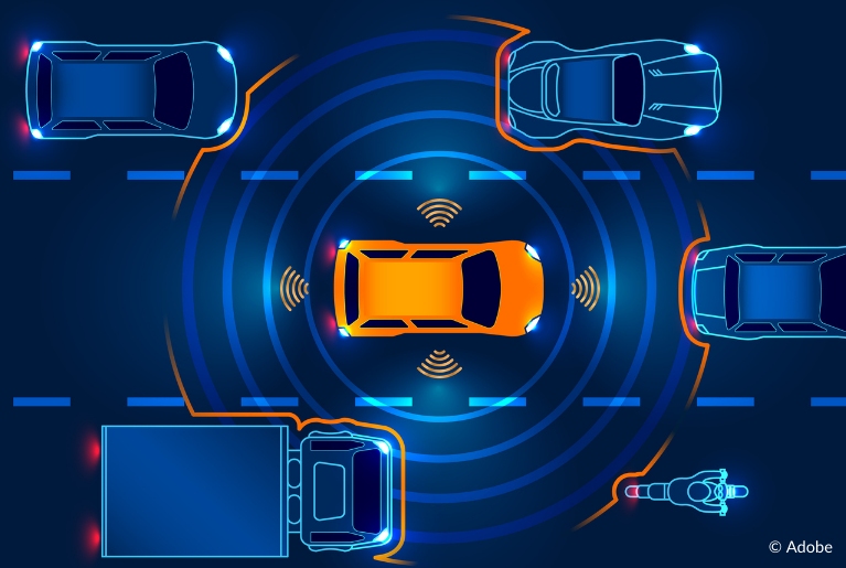 An infographic in which an illuminated orange vehicle uses radar systems to detect if nearby vehicles are too close. A lawsuit alleges that Honda's CMBS system causes defects in these vehicles: 2017–2018 Honda CR-V EX 2017–2018 Honda CR-V EX-L 2017–2018 Honda CR-V Touring