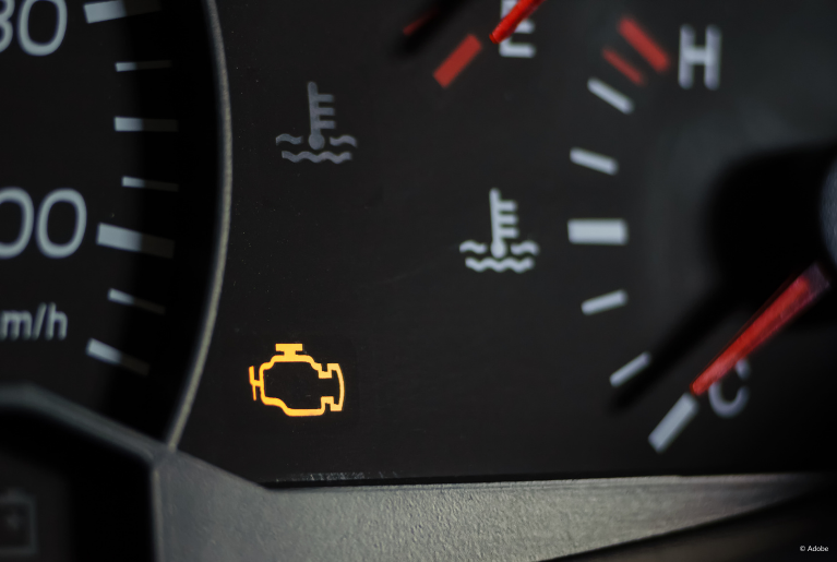 A Check Engine Light is illuminated on a dashboard.