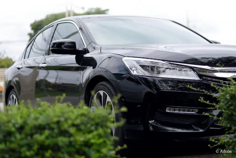 A front, passenger-side view of a black Honda sedan parked in front of two bushes.