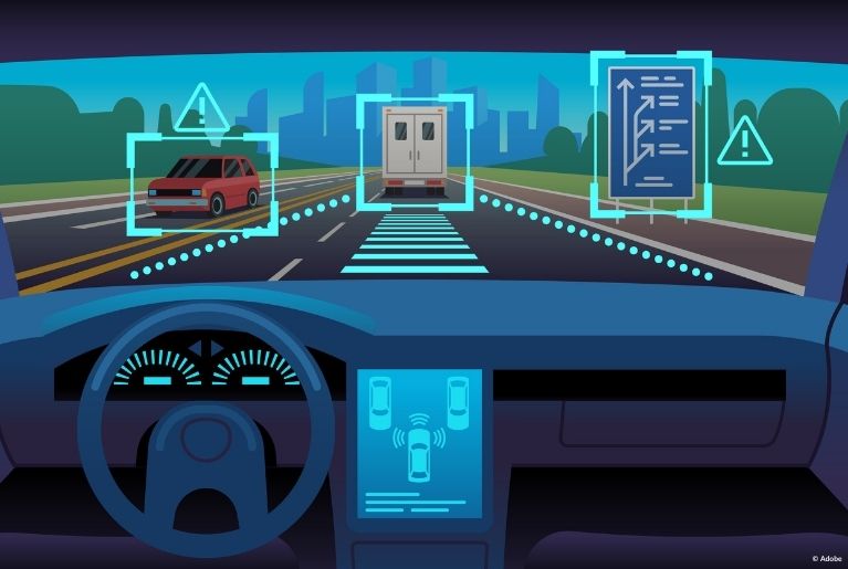 An infographic illustration of a radar system. The radio display shows the vehicle using radars to detect nearby cars. In the windshield view, a red car drives in the opposite lane. A truck is in front of the vehicle. A blue roadside displays the freeway paths.