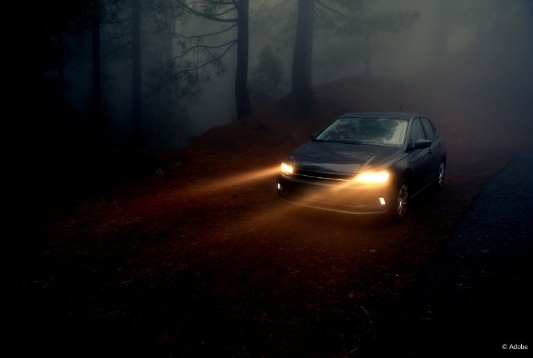 A black car is parked in the middle of a sparse, misty forest at nighttime. The lit headlights cut through the slight fog and reveal reddish dirt.