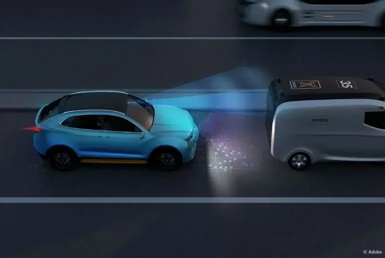 A blue vehicle uses radar sensors (represented by blue and purple overlays) to detect a grey Express van in front of it.