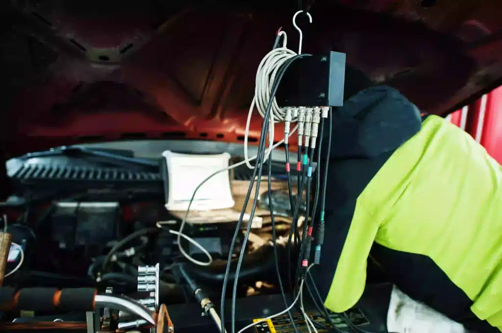 Close up of mechanic working with diagnostic testing