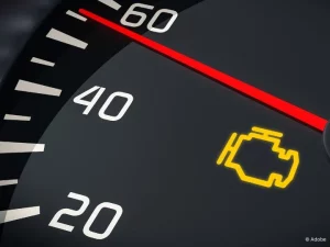 The Check Engine light is illuminated in this close-up of a speedometer, which indicates the vehicle is going approximately 55 miles per hour.