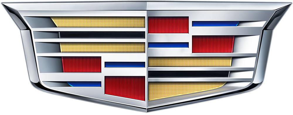 A red, blue and gold Cadillac logo.