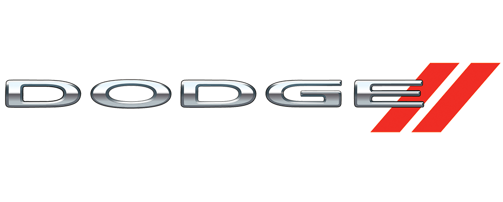 A silver and red Dodge logo.