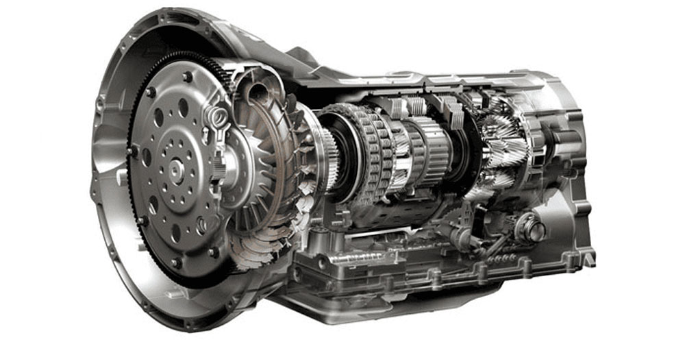 A detailed cutaway view of an automatic transmission system, showcasing internal components like gears, clutches, and hydraulics. This image is used to highlight the complex mechanics and engineering typically involved in addressing Ford F-150 transmission problems.