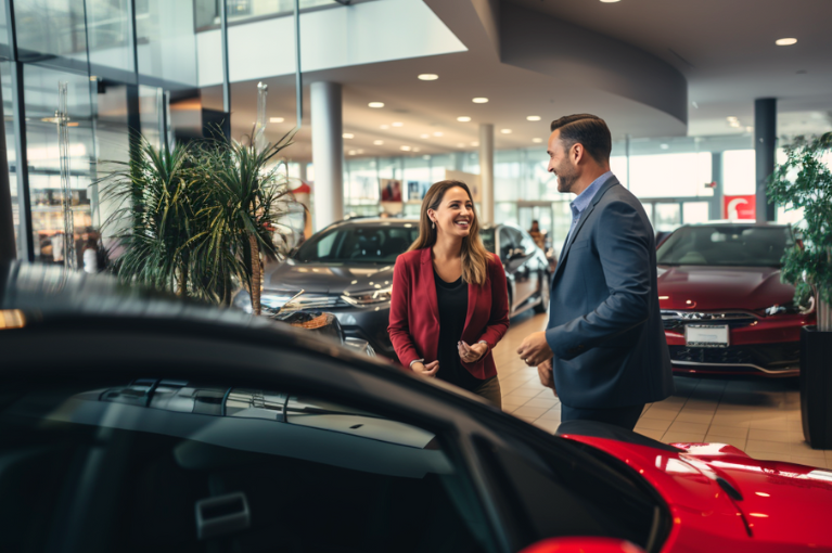 Two people stand in front of a red sports car inside of a vehicle dealership.