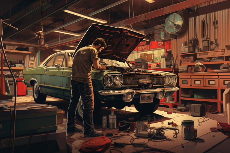 A man fixes his vintage green vehicle inside of his garage. Canisters and tools are scattered on the floor in front of the vehicle.