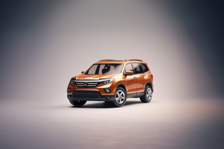 An orange Honda SUV is parked in what appears to be a plain photoshoot background, illuminated by a light overhead.