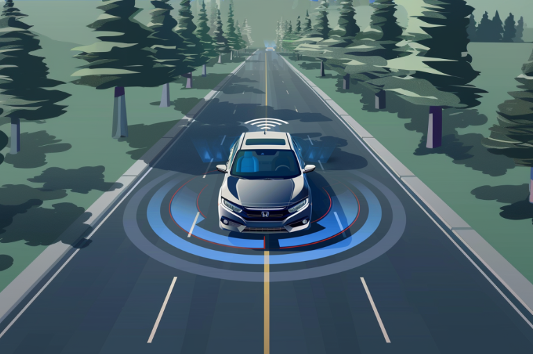 An infographic illustration of a Honda vehicle using radar sensor systems.