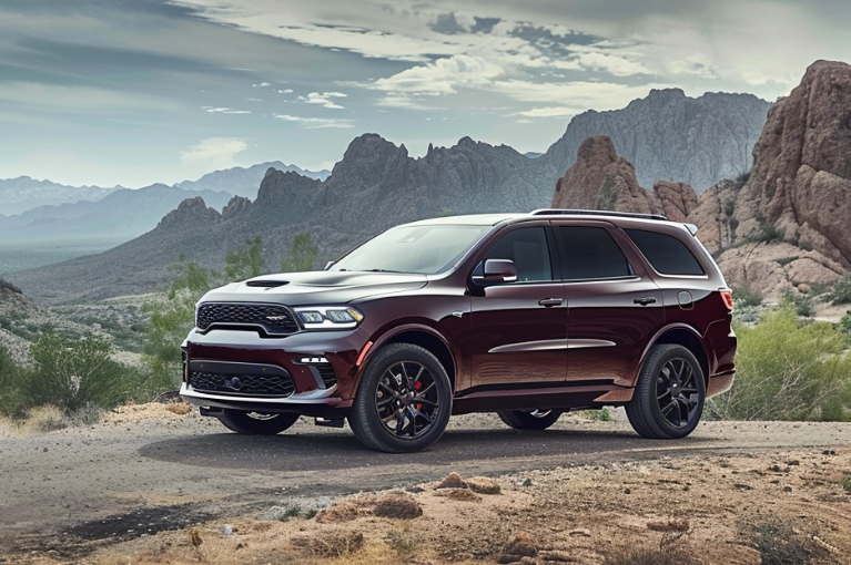 A 2022 Dodge Durango is parked on an empty road. 2022 Dodge Durango SUVs, Ram 2500 and Ram 3500 trucks are being recalled because the electronic stability control systems may be disabled at random.