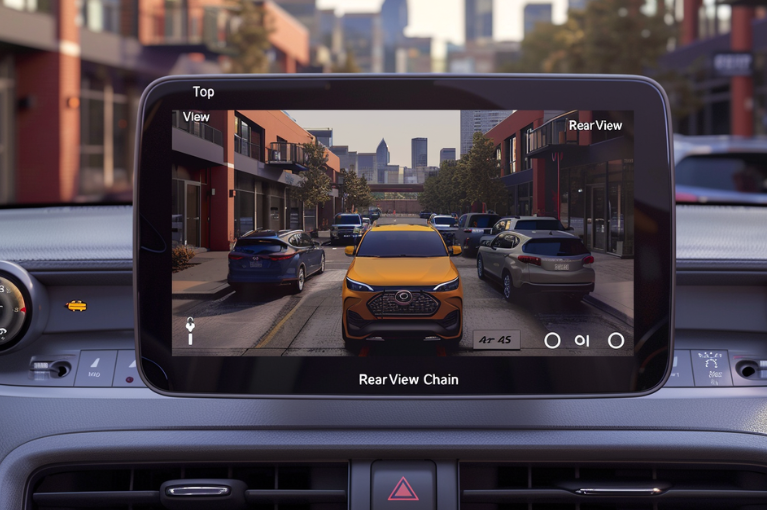 A display panel shows the image provided by a rearview camera.