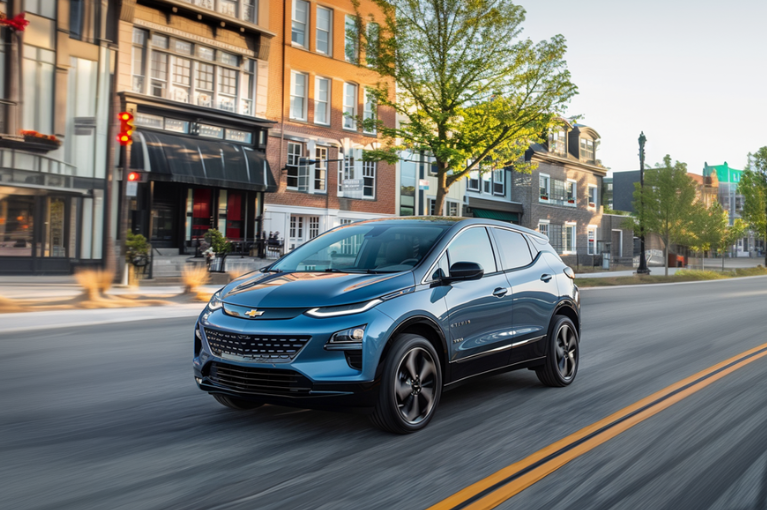A blue Chevrolet Bolt EUV drives on an empty street in what appears to be a downtown strip.