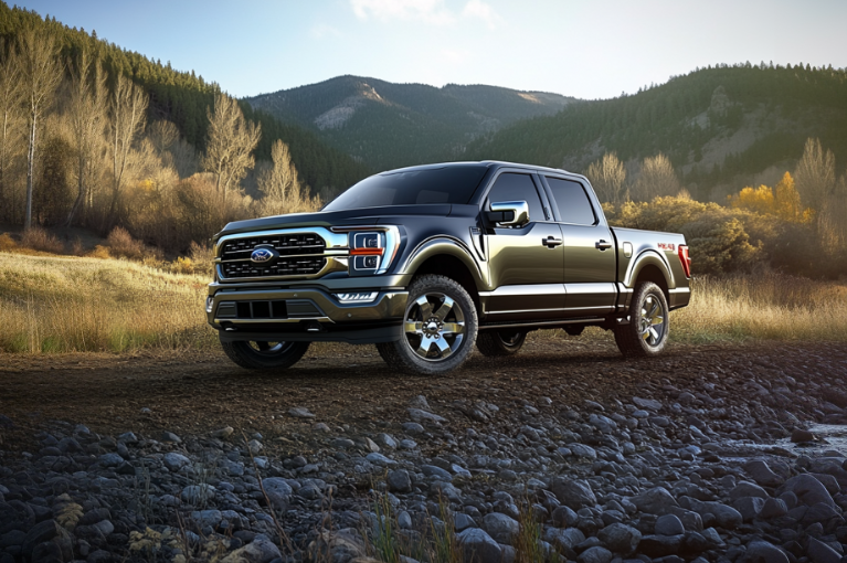 A 2021 Ford F-150 pickup truck is parked on a dirt path. Rocks and gravel populate the foreground. In the background are tree-covered hillsides.