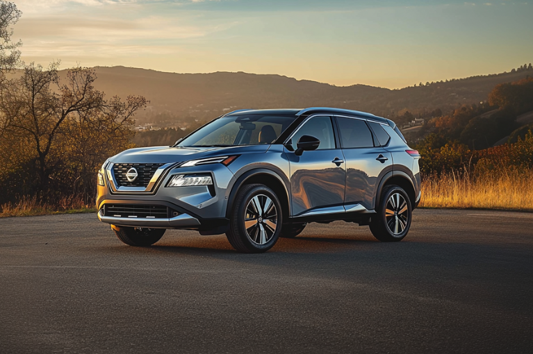 A 2021 Nissan Rogue parked in a turnabout.