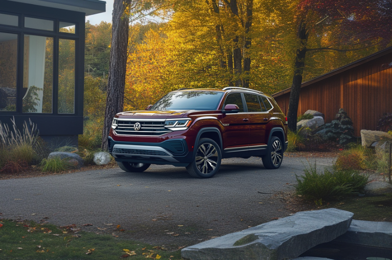 A red 2021 Volkswagen Atlas parked in a driveway of a rural home.