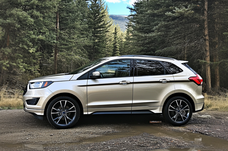 A light grey 2017 Ford Edge parked on a dirt path.