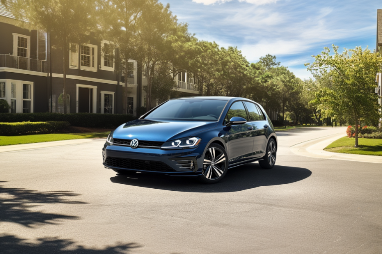 A 2020 Volkswagen Golf parked outside of a university building.