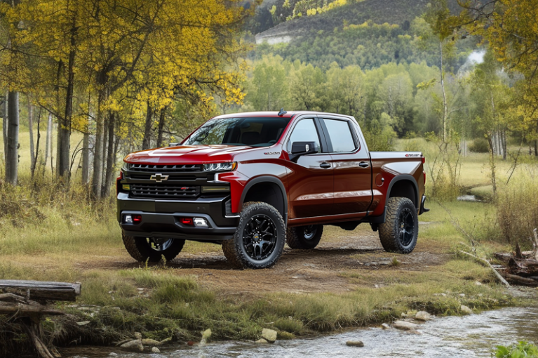 A red 2023 Chevrolet Silverado parked by a riverbank.