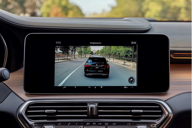 A rearview camera display shows the rear of a black SUV.