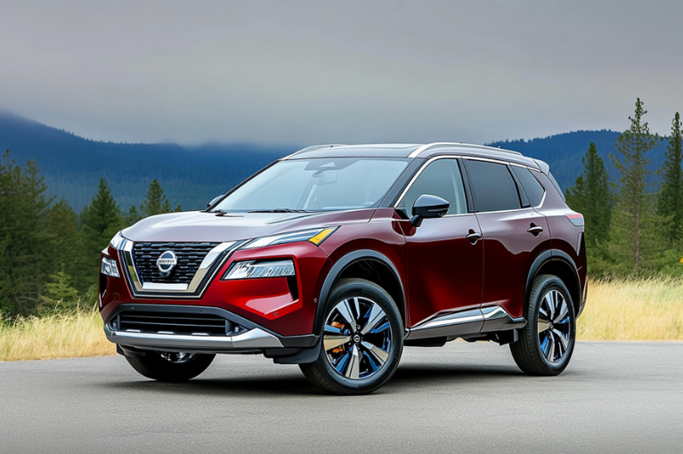 A red 2023 Nissan Rogue on a paved empty stretch.