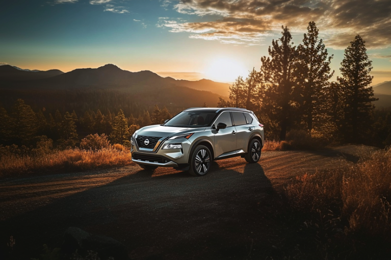 A grey Nissan Rogue SUV is parked in a dirt patch, the sun setting behind.