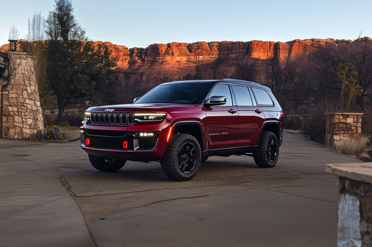 A red 2024 Jeep Wrangler PHEV parked outside, away from structures.