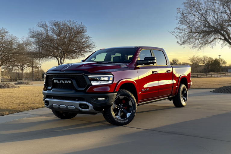 A red 2024 Ram 1500 pickup truck is parked on an empty driveway.