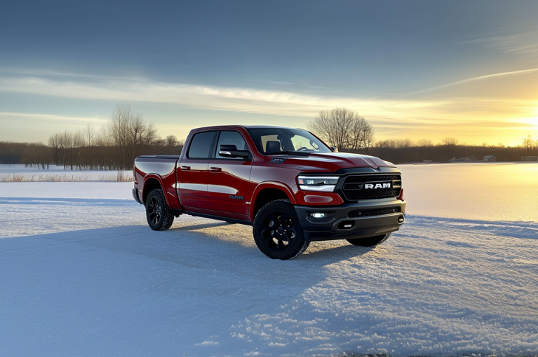 A red 2024 Ram 1500 pickup truck is parked in the snow.