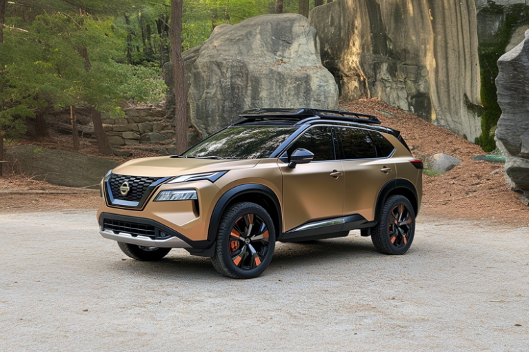 A beige 2025 Nissan Rogue SUV parked in a clearing of a forest.