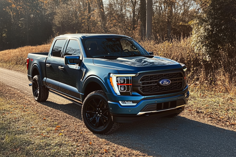 A 2021 Ford F-150 truck is parked outside on a dirt road. A Ford EcoBoost engine lawsuit includes many 2021-2022 Ford and Lincoln models with 2.7-L and 3-L engines.