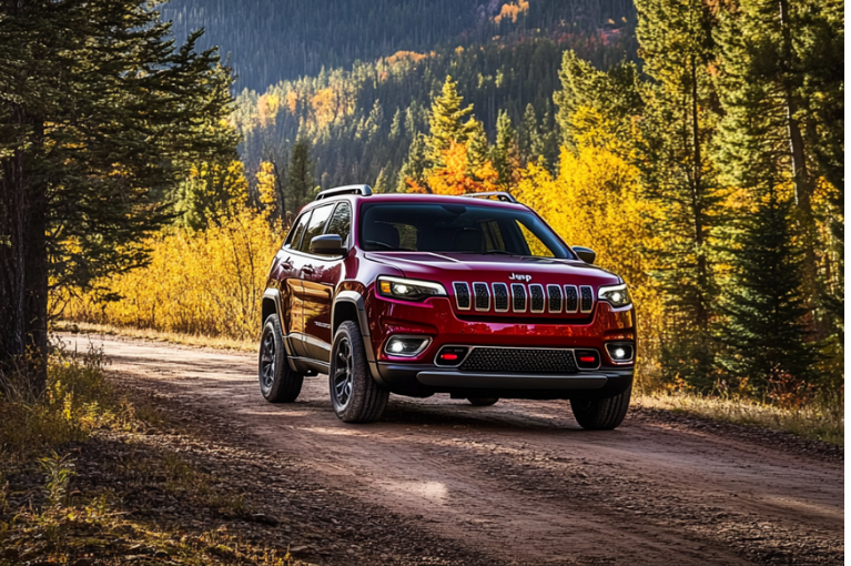 2021 Jeep Cherokee parked on a dirt road. 2021 and newer Jeep Cherokee and Grand Cherokee vehicles with FCW systems may experience random braking and other defects.