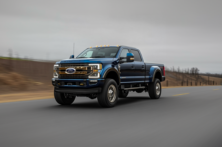 A 2022 Ford Super Duty F-250 truck is parked on an empty road.