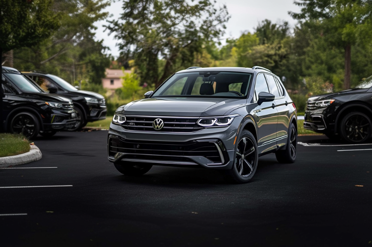 A 2023 Volkswagen Tiguan parked in the lot near a park. 2022-2023 VW Tiguans are included in a class action lawsuit alleging that engine oil consumption is excessively high.