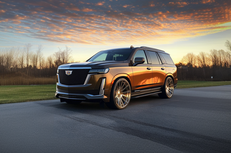 A 2024 Cadillac Escalade parked outside in a driveway at sunset. 2024 Cadillac Escalade vehicles come with the L87 as its base engine.