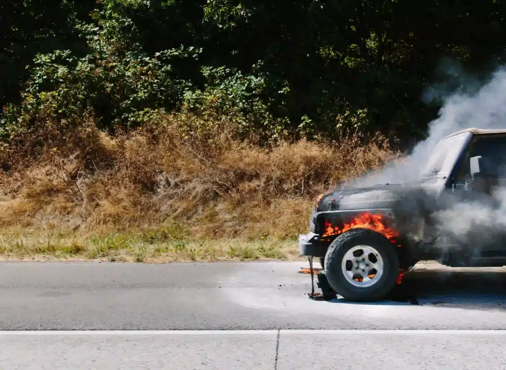Front end of vehicle on fire