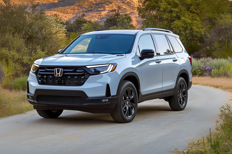 A 2025 Honda Pilot is parked on a single lane road in the grassy hills. Recent model year Honda Pilot, Acura TLX and Acura MDX vehicles have been recalling for engine issues such as stalling, hesitation and loss of drive power.