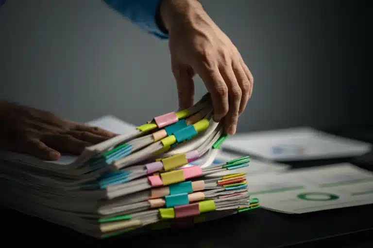 Hands organizing stacked documents with colorful paper clips on a dark desk. The setting conveys a mood of focus and organization.