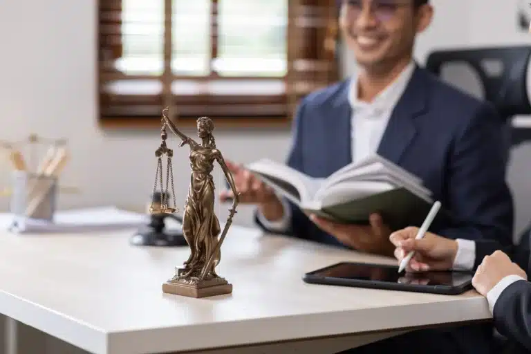 Statue of Lady Justice on a desk, with a person in a suit smiling in the background, holding a book. Another hand writes on a tablet, conveying a legal theme.