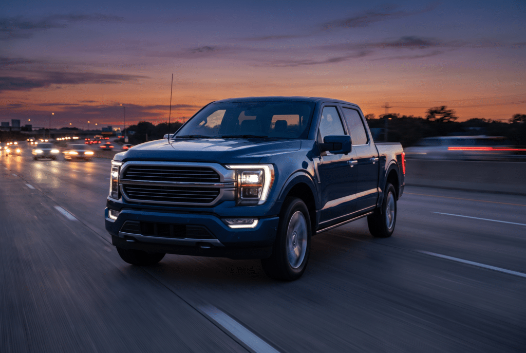 Camioneta pickup azul de tamaño completo circulando por una autopista al atardecer