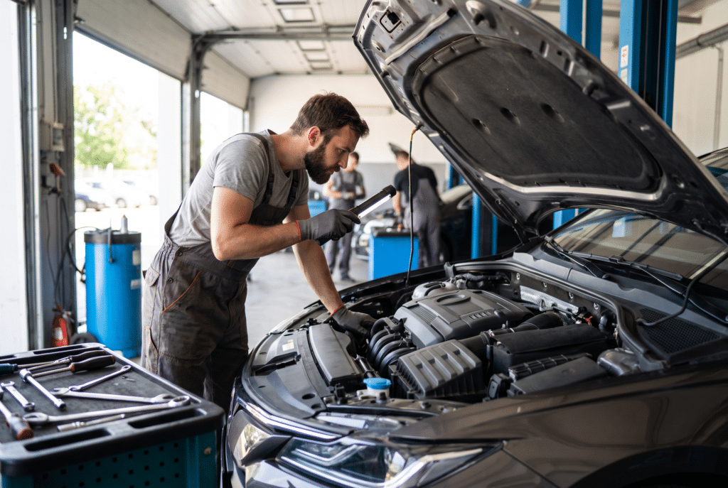 Mecánico inspeccionando un motor de cuatro cilindros con el capó abierto en un taller